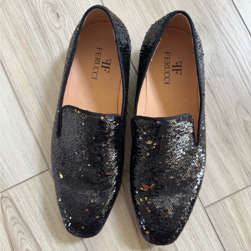 FERUCCI BLACK GOLD SEQUINS LOAFER SIZE 10 PROM WEDDING ANY OCCASION SHOES